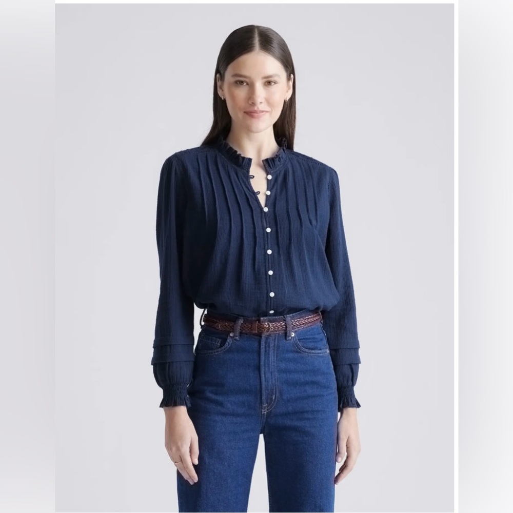 Quince Textured Cotton Blouse Navy sz Small
